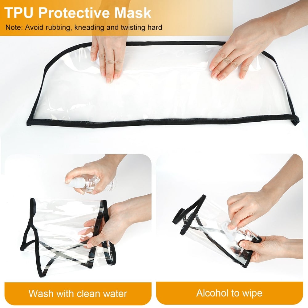 TPU protective mask being demonstrated with hands showing cleaning methods using water and alcohol, featuring a transparent design with black trim.