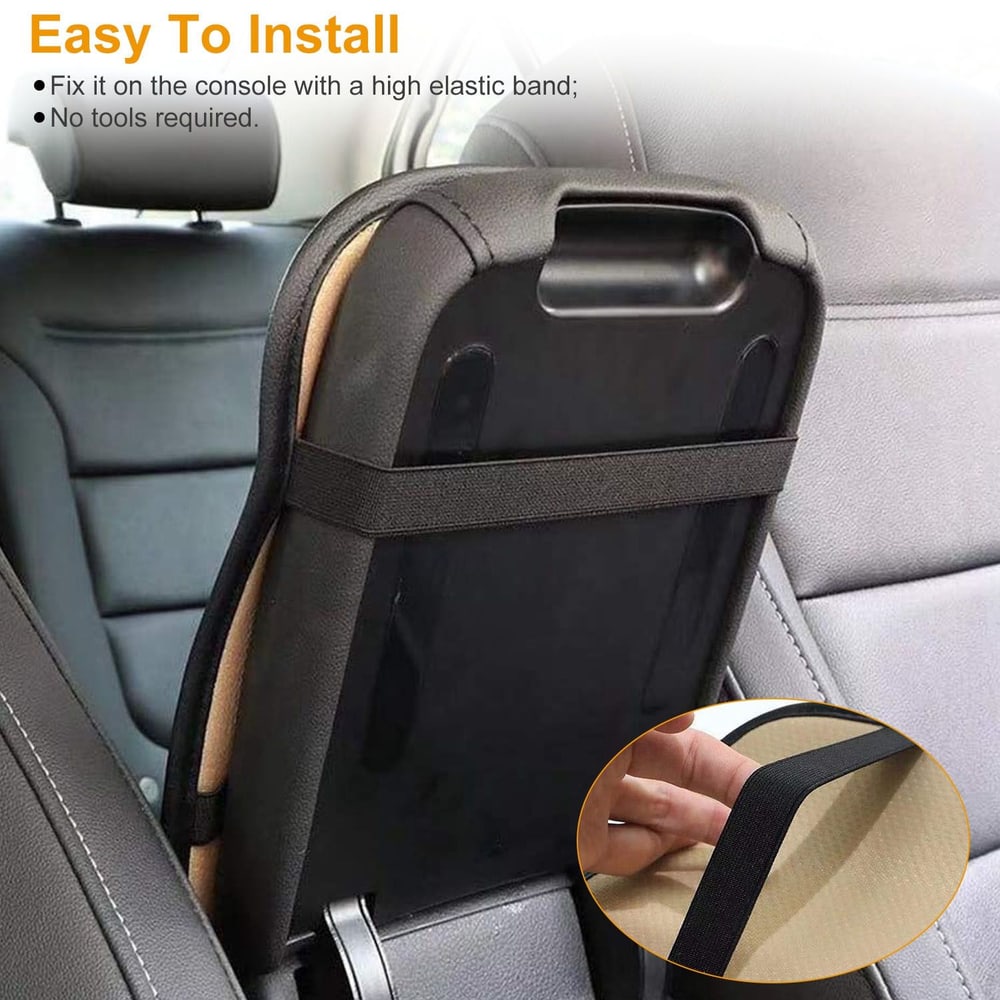Car console organizer with elastic band attachment for easy installation, shown mounted on a vehicle seat back.