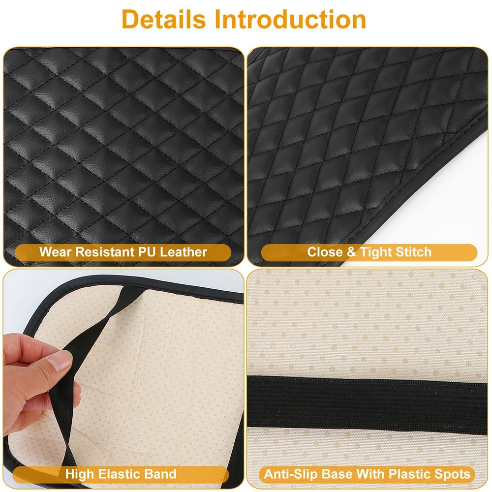 Close-up of a premium black PU leather seat cover featuring a quilted design, showcasing its wear-resistant material, tight stitching, high elastic band, and anti-slip base with plastic spots for enhanced durability and stability.