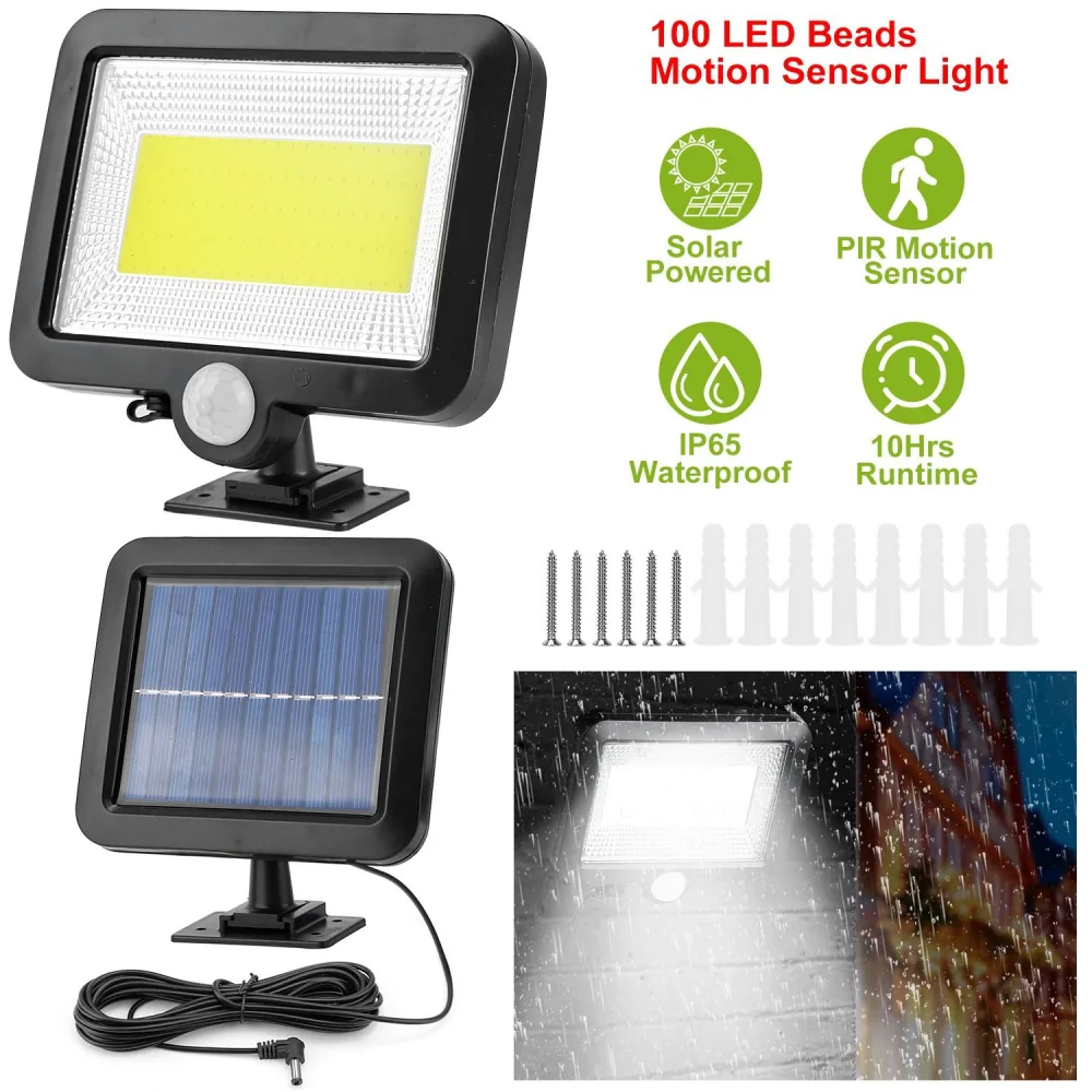 Solar-powered LED floodlight with 100 beads and PIR motion sensor, featuring IP65 waterproof rating and 10 hours runtime, ideal for outdoor security lighting.