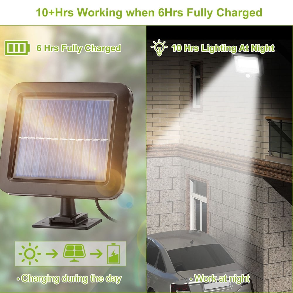 Solar-powered outdoor light, highlighting solar panel charging during the day for 10+ hours of nighttime illumination, displayed alongside a bright light shining on a building.