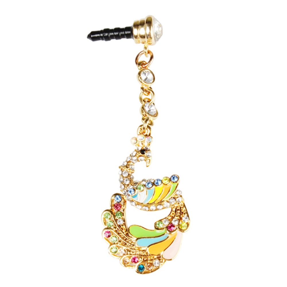 Colorful peacock feather earring adorned with multicolored rhinestones and golden accents, perfect for adding a touch of elegance and charm to any outfit.