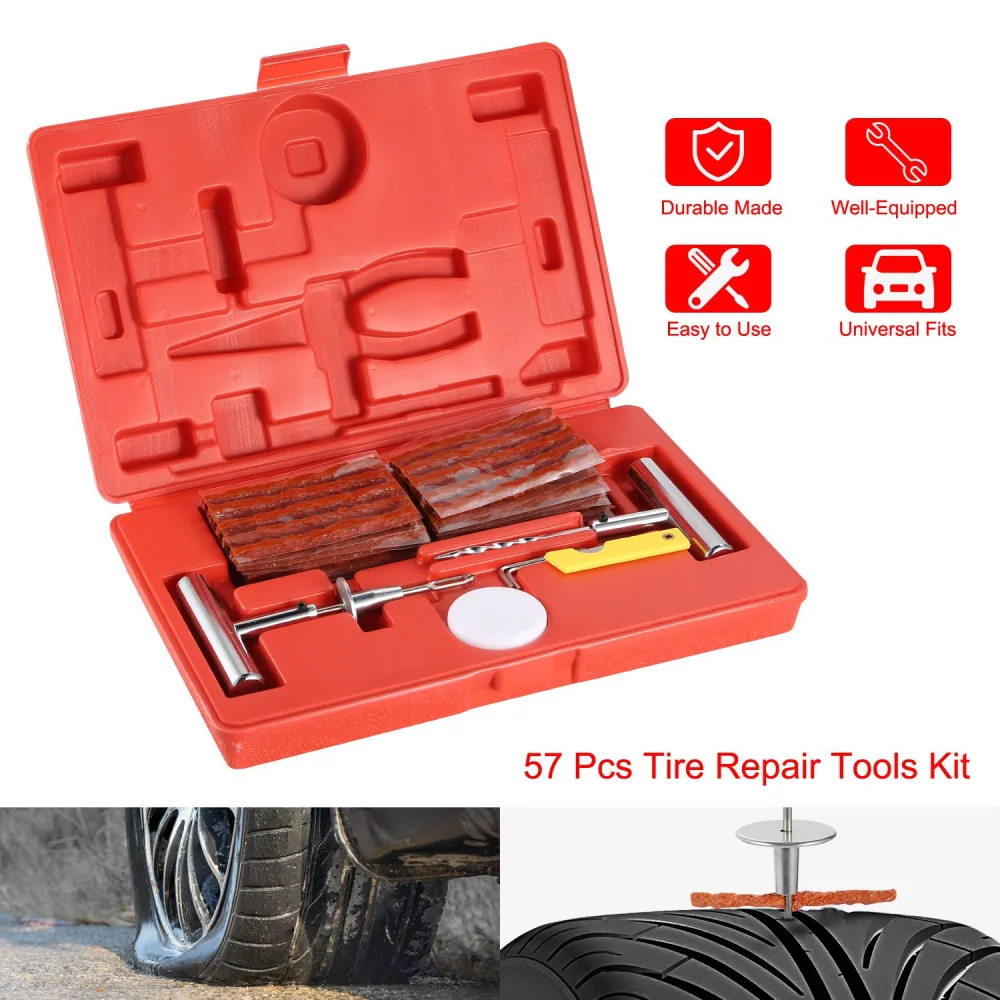 57-piece tire repair tools kit in a red carrying case, featuring essential tools like a tire puncture repair tool, tire plugs, and a dismounting tool, designed for easy use and universal fit for various vehicles.