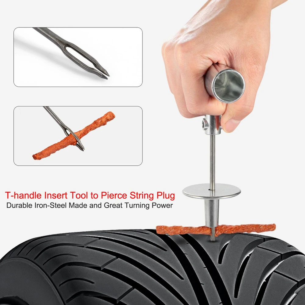 T-handle tire insert tool demonstrating use on a tire tread, featuring a durable iron-steel construction for effective string plug repairs.