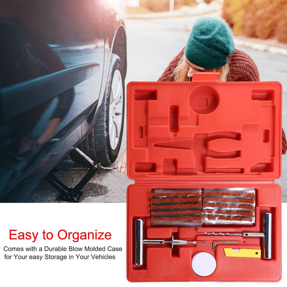 Woman repairing a flat tire using a tire repair kit in a red molded case, showcasing tools like a tire plugger and pliers, with a parked car in the background.
