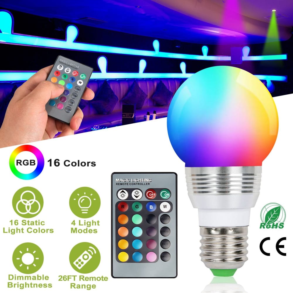 RGB smart bulb with remote control, featuring 16 colors, 4 light modes, dimmable brightness, and 26ft remote range, perfect for mood lighting in any space.