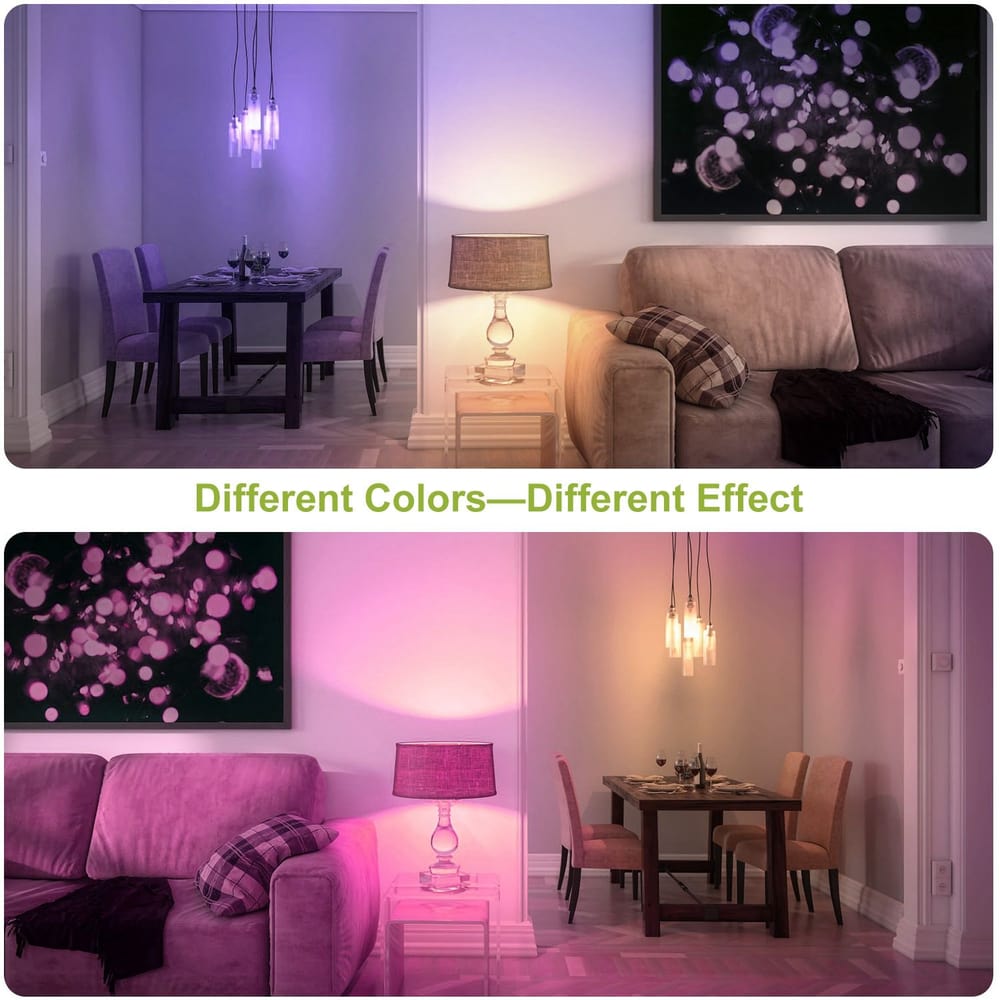 Home interior showcasing two color schemes: the top half features warm yellow lighting in a cozy living space with a beige couch and decorative pillows, while the bottom half displays purple lighting in a dining area with a modern table setup and elegant chairs, highlighting the mood-changing effects of different lighting.