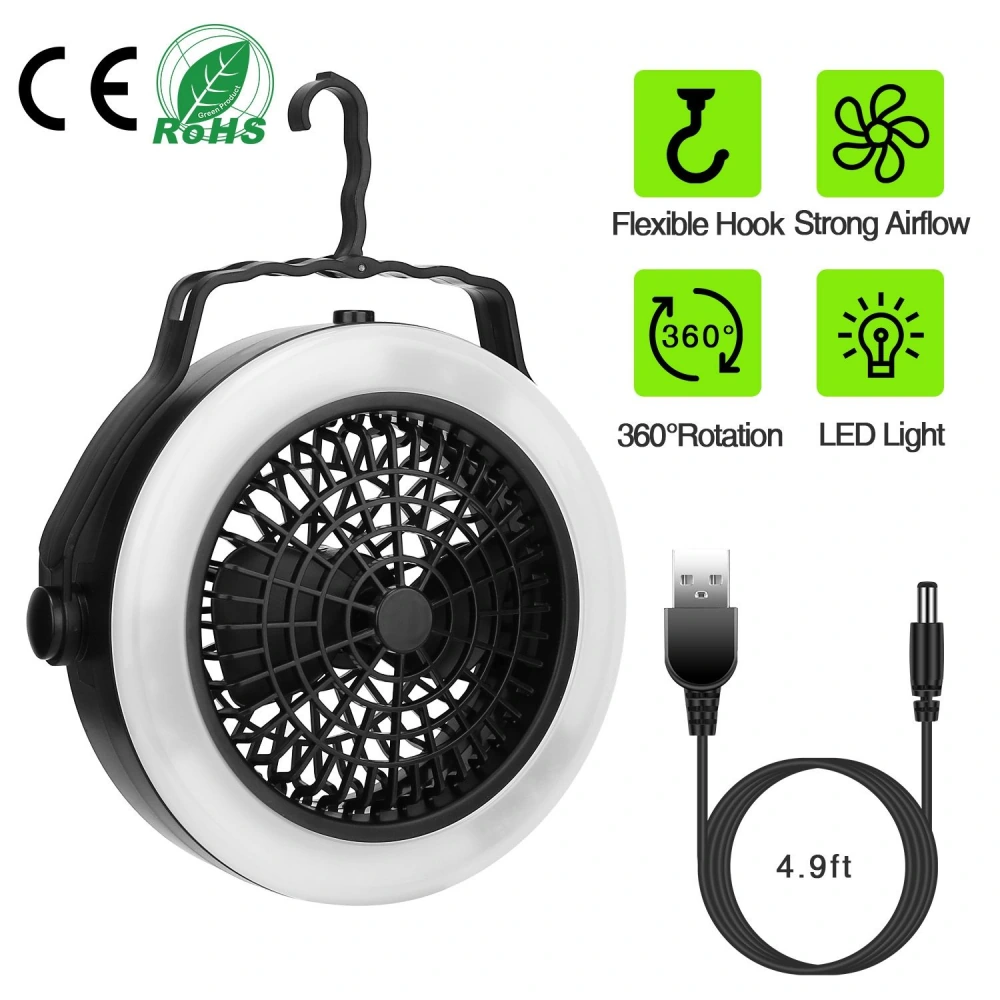 Portable USB fan with LED light, featuring a flexible hook and 360-degree rotation for adjustable airflow, shown with a 4.9ft power cable.