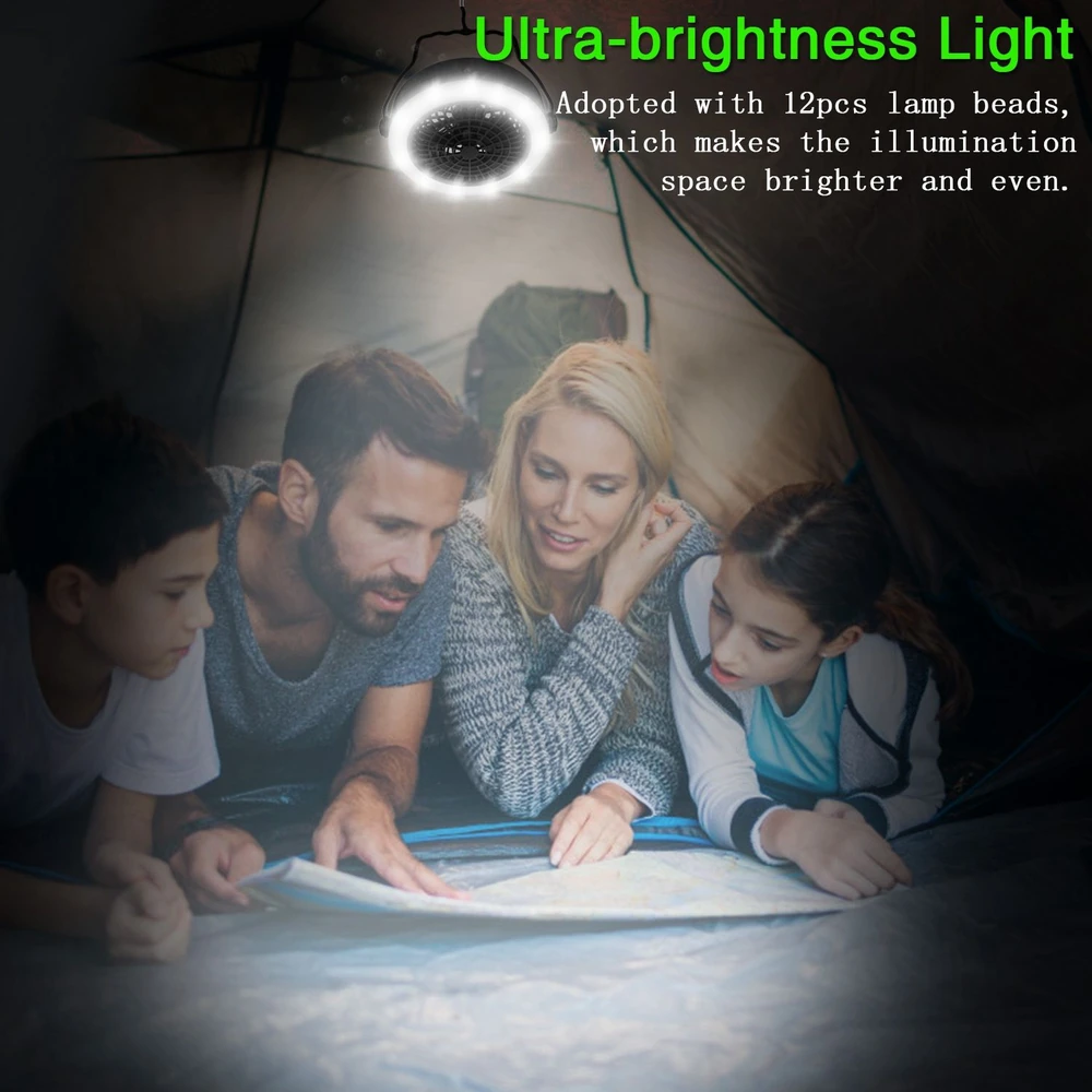Ultra-brightness camping light hanging in a tent, illuminating a group of people looking at a map, showcasing 12 lamp beads for even and bright lighting.