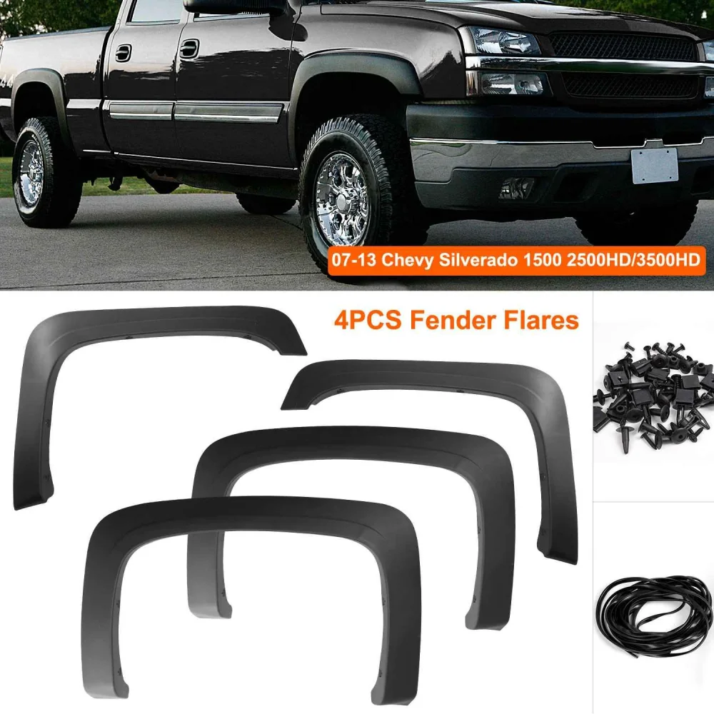 Fender flares set for 2007-2013 Chevy Silverado 1500, 2500HD, and 3500HD pickup trucks, featuring four durable black plastic flares and installation hardware.