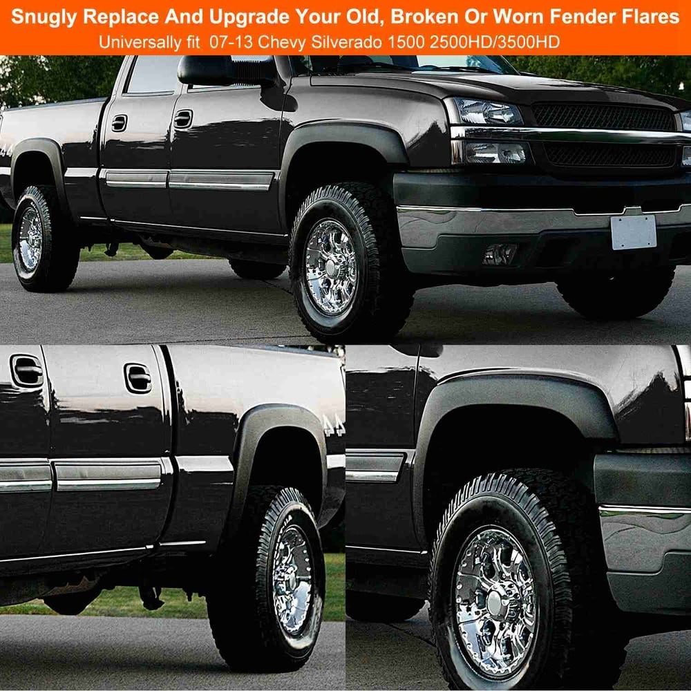Close-up view of a black 2007-2013 Chevy Silverado 1500 with shiny chrome wheels, showcasing upgraded fender flares for enhanced style and protection.