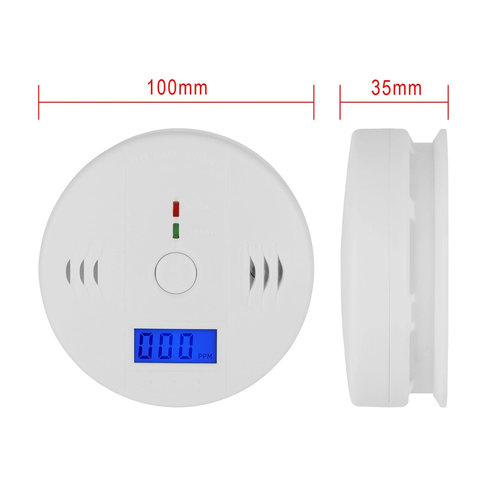 Carbon monoxide detector with digital display, featuring green and red indicator lights, measuring 100mm in diameter and 35mm in thickness.