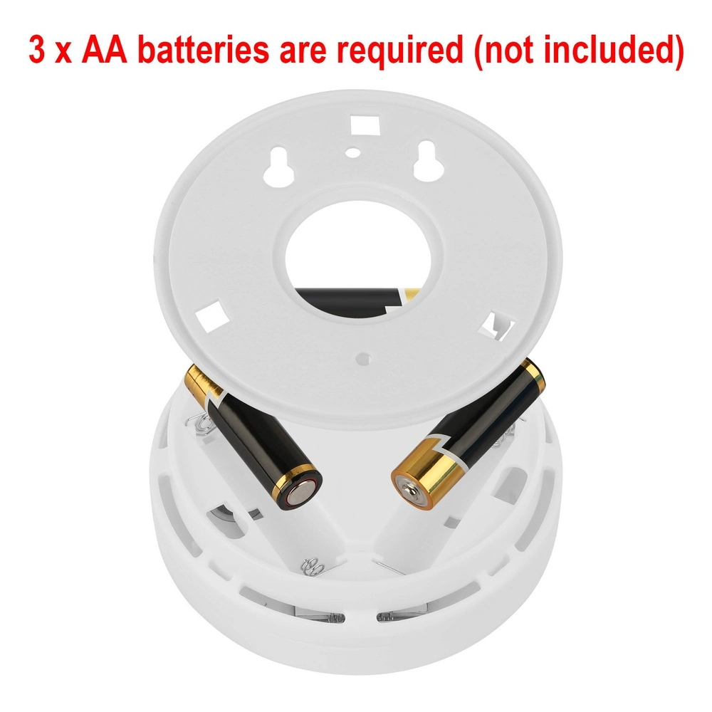 Battery compartment of a white electronic device, showing spaces for three AA batteries required for operation (batteries not included).