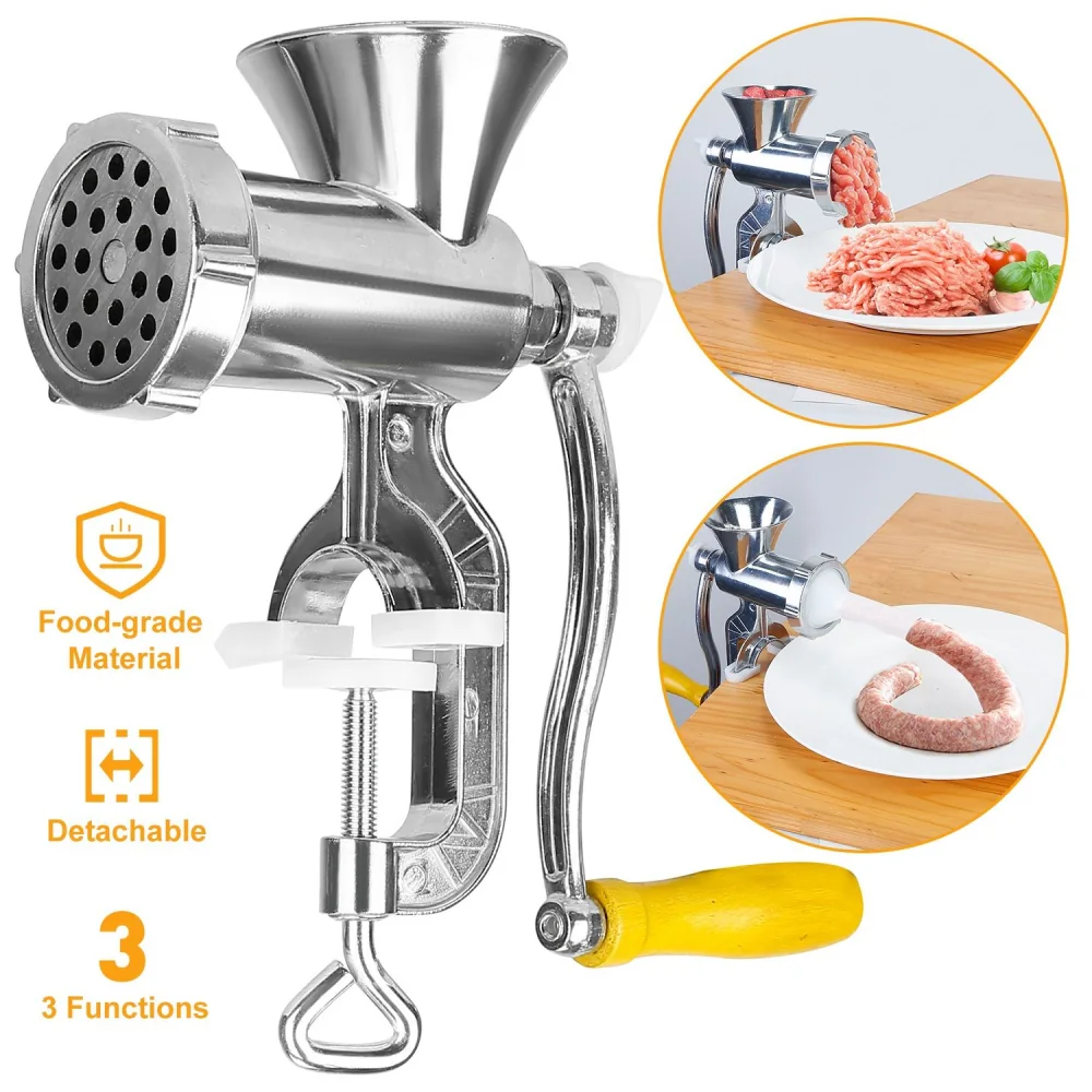 Manual meat grinder with stainless steel construction, showcasing food-grade material, detachable parts, and a handle, designed for grinding and stuffing meat with three distinct functions.