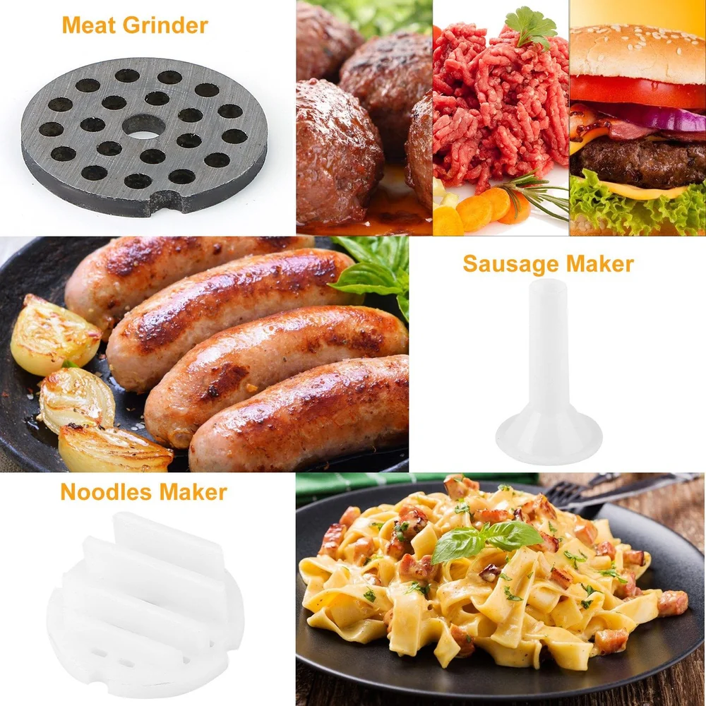 Image showcasing multifunctional kitchen tools including a meat grinder plate, cooked sausages, a sausage maker funnel, and a noodles maker, complementing fresh meat and delicious pasta dishes.