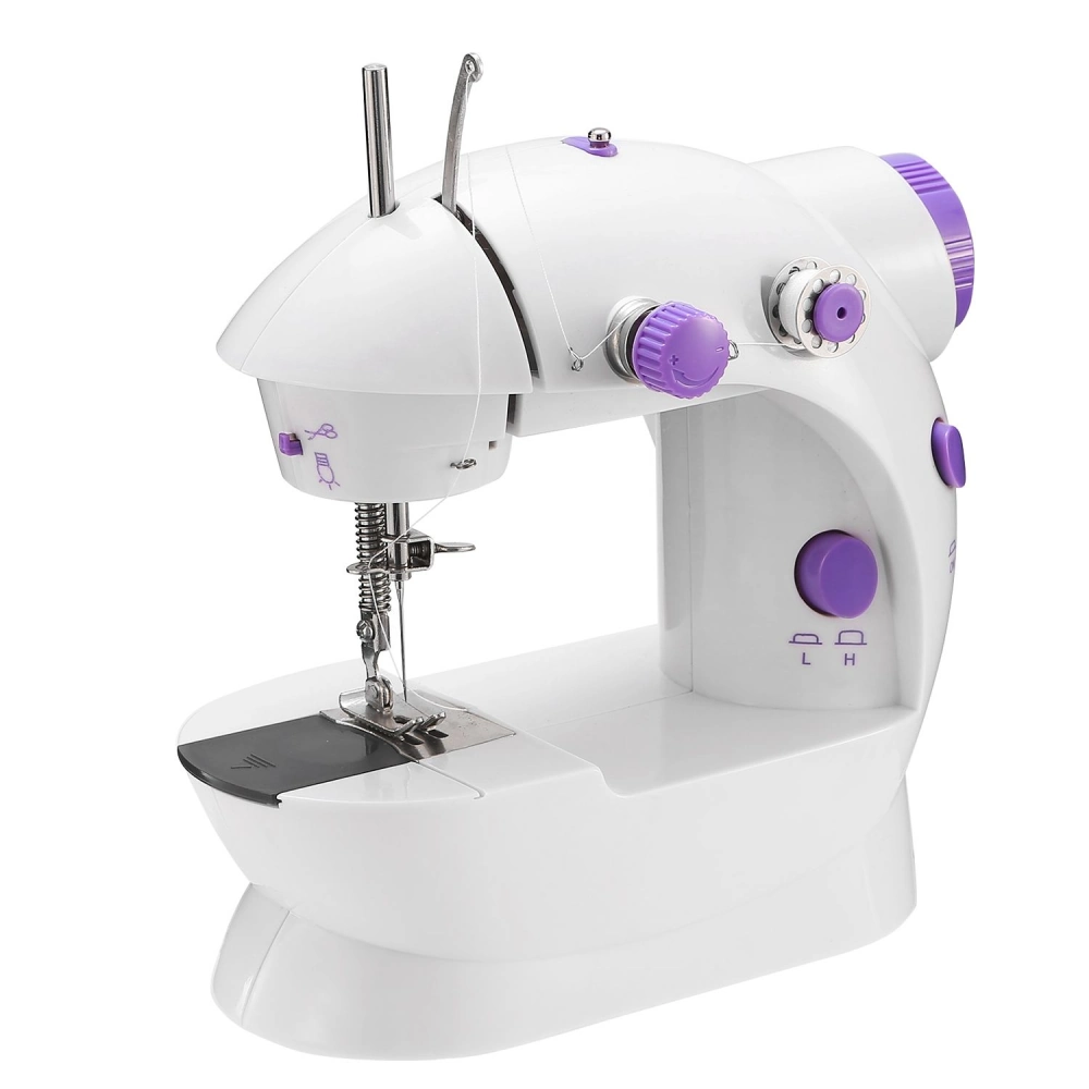 Compact electric sewing machine in white and purple, featuring a needle, adjustable stitch settings, and a user-friendly design, ideal for beginners and home projects.