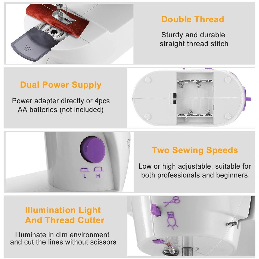 Mini sewing machine features double thread, dual power supply with battery or adapter options, adjustable two sewing speeds for versatility, and built-in illumination light with a thread cutter for convenience.