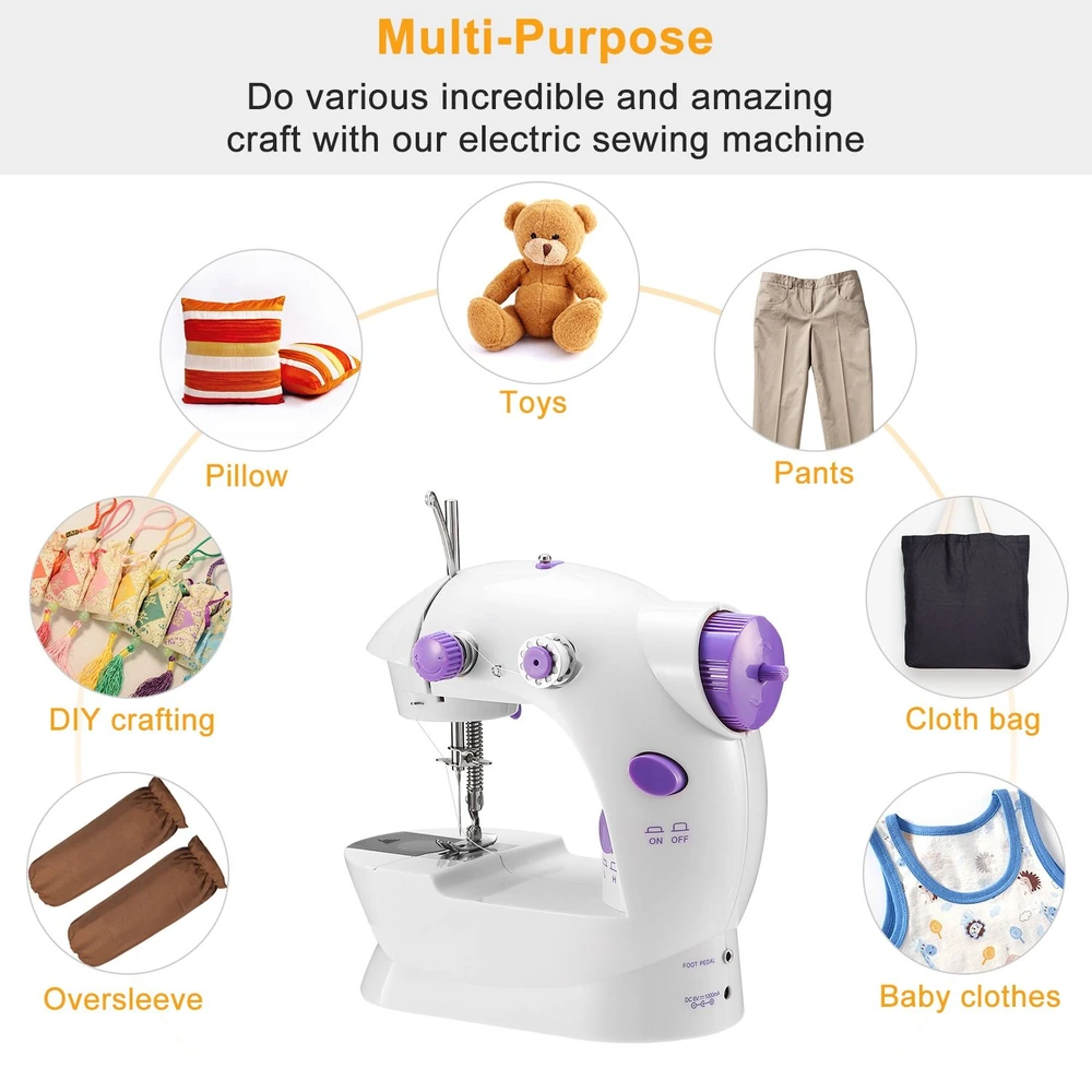 Compact electric sewing machine ideal for versatile DIY projects like pillows, baby clothes, and toys, featuring intuitive controls and a sleek design.