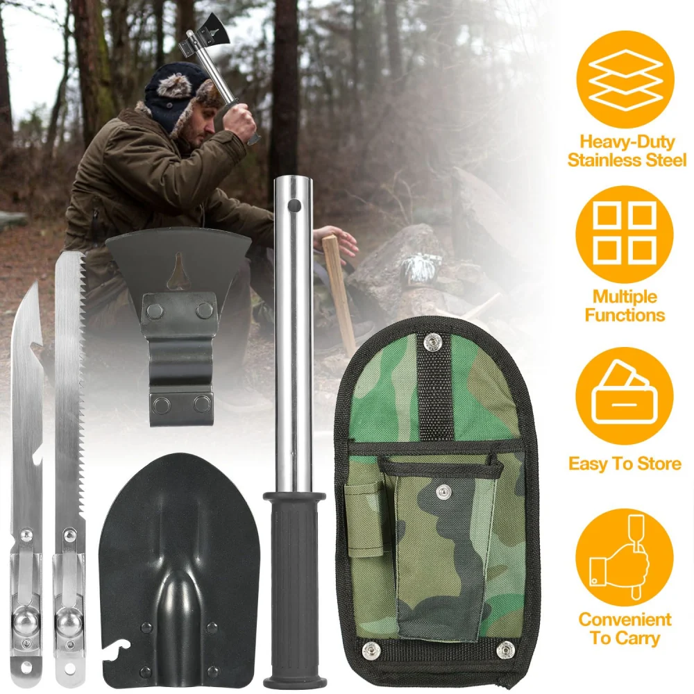 Collapsible multi-tool camping shovel set made of heavy-duty stainless steel with saw, axe, and carrying pouch, ideal for outdoor adventures and easy to store.
