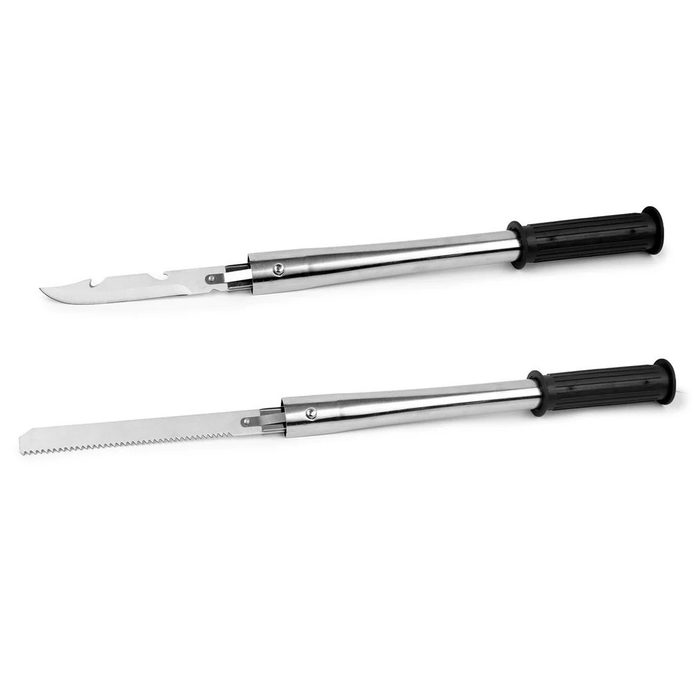 Stainless steel retractable knife set with dual blades, featuring a slicing knife and serrated saw, ideal for outdoor cooking and camping.