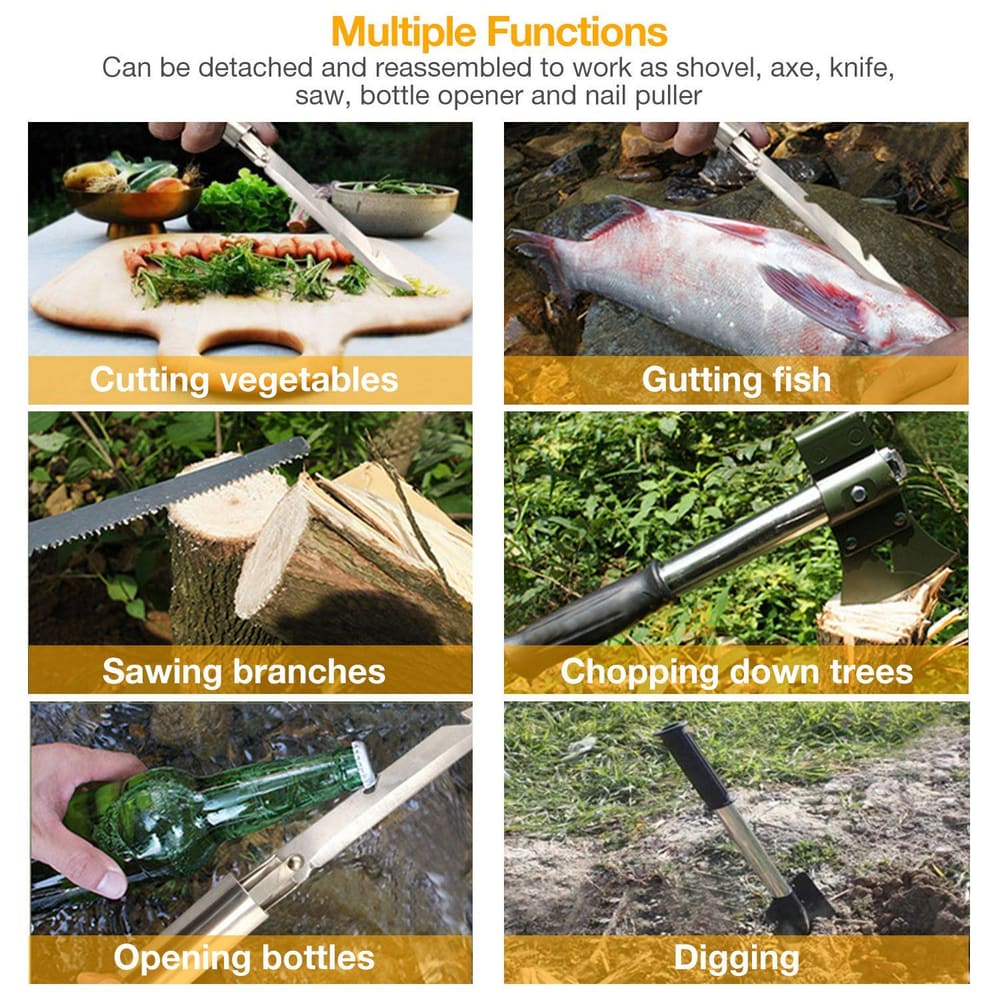 Multi-functional survival tool demonstrated in various uses: cutting vegetables, gutting fish, sawing branches, chopping trees, opening bottles, and digging.