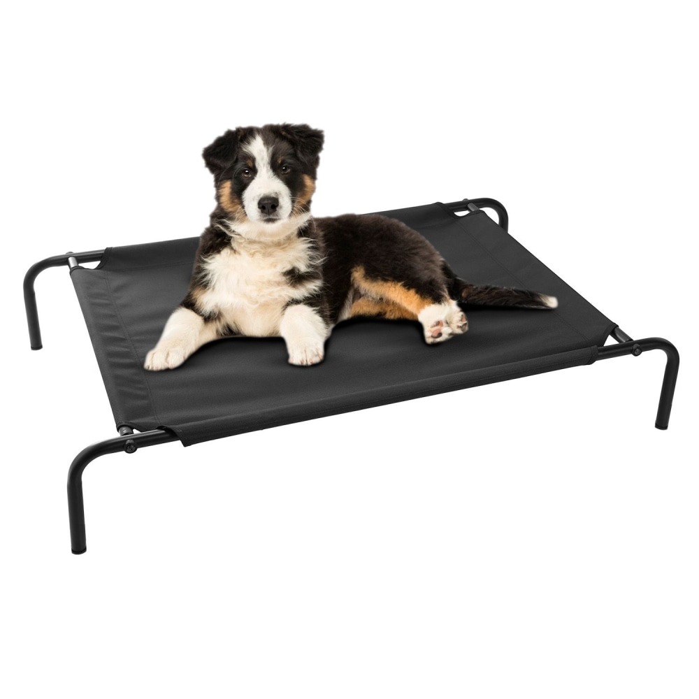 Dog bed elevated cot with sturdy metal frame and breathable black fabric, perfect for outdoor or indoor use.