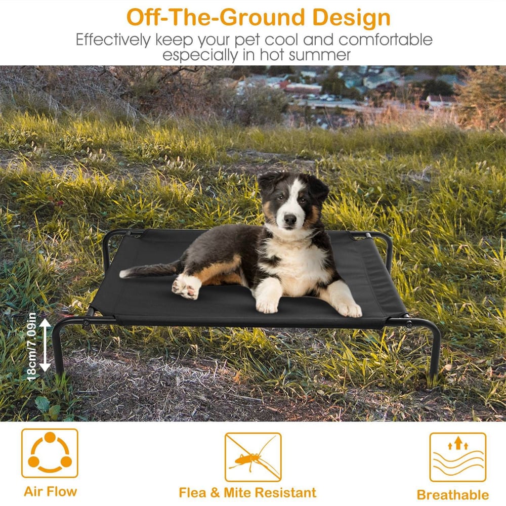 Off-the-ground pet bed designed to keep dogs cool and comfortable in warm weather, featuring a sturdy frame and breathable fabric for enhanced airflow, flea and mite resistance.