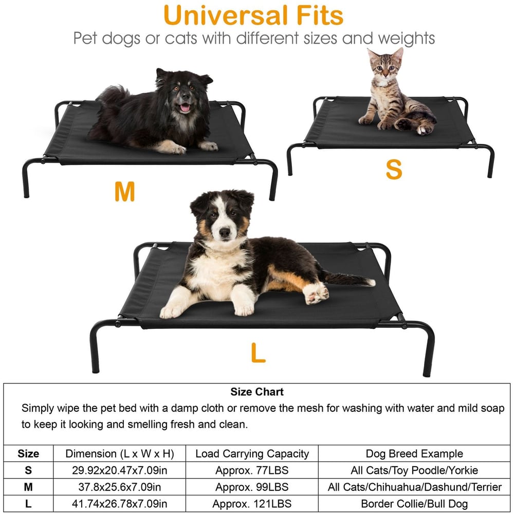 Black pet bed suitable for dogs and cats of various sizes, featuring three size options (Small, Medium, Large) with distinct load capacities and example breeds.