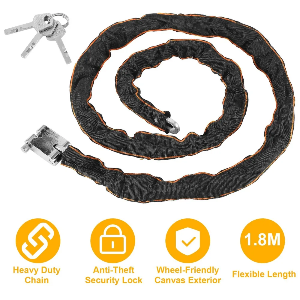 Heavy-duty anti-theft chain bike lock with a flexible 1.8m canvas exterior, featuring three keys for added security.
