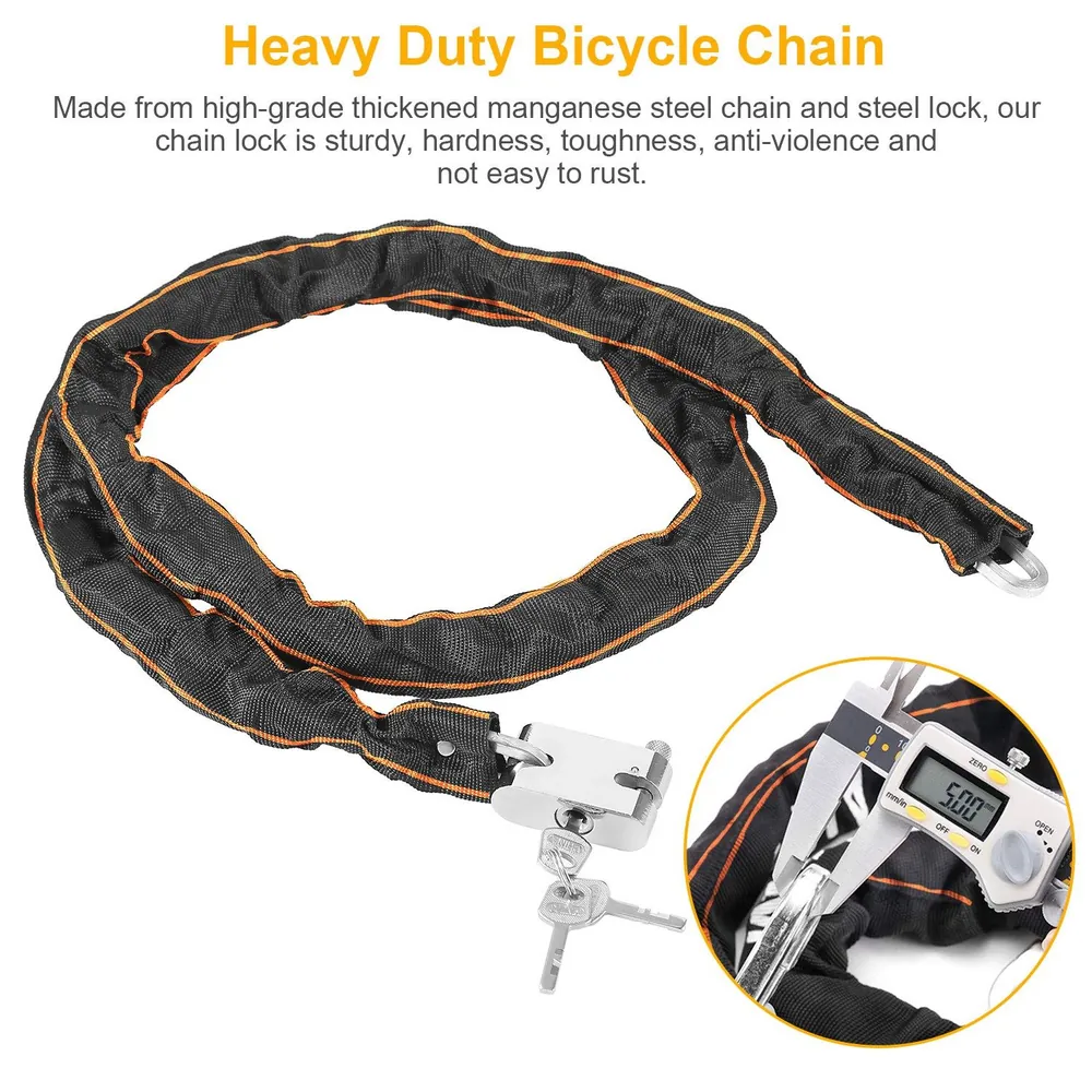 Heavy duty bicycle chain lock with thickened manganese steel construction, featuring a black cover with orange stitching and a steel padlock for enhanced security.