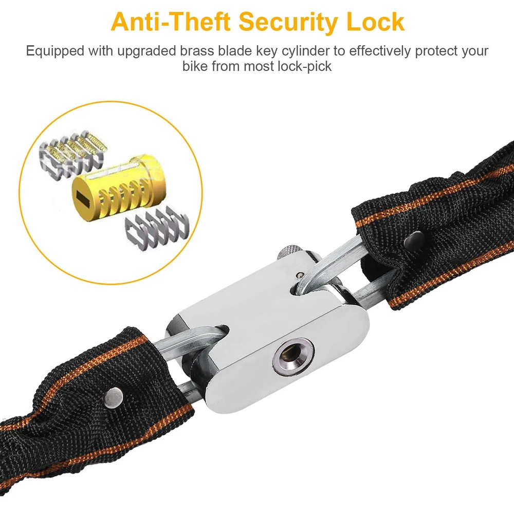 Anti-theft security lock featuring a sturdy stainless steel design, upgraded brass blade key cylinder, and protective fabric cover, designed to secure bikes from theft and prevent lock-picking.