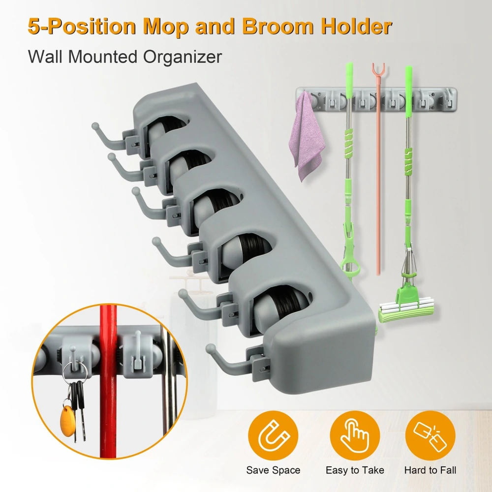 5-position wall-mounted mop and broom holder organizer displaying a gray design with multiple hooks, ideal for saving space and keeping cleaning tools easily accessible.
