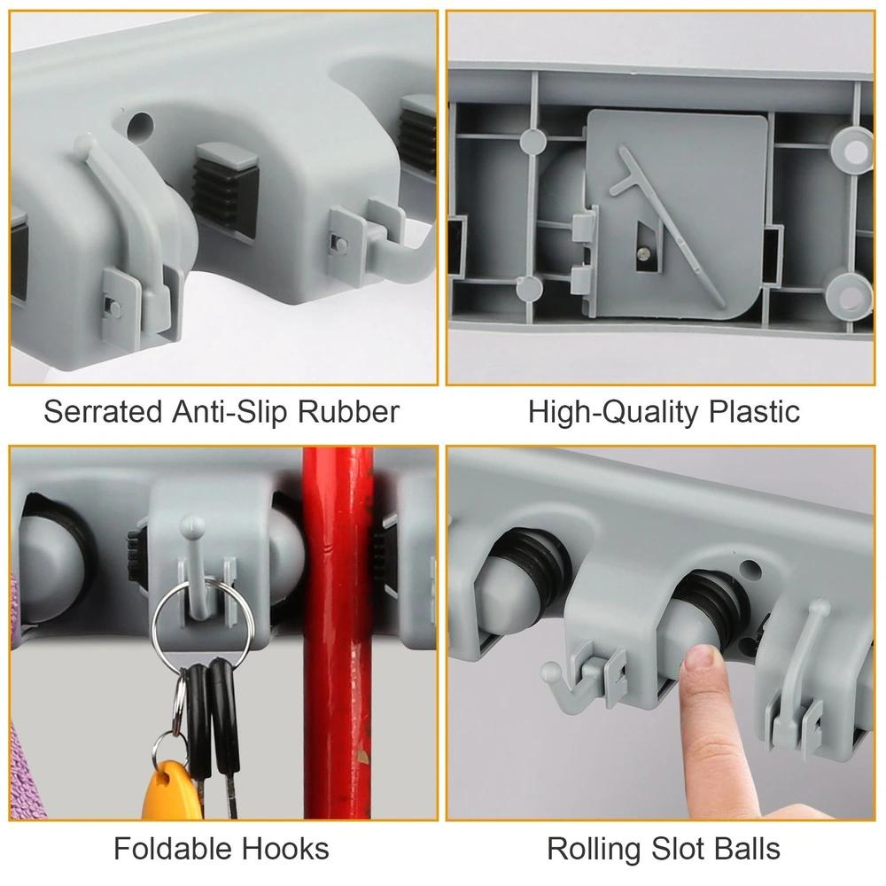 Image showing a multi-functional tool organizer featuring serrated anti-slip rubber grips, high-quality plastic construction, foldable hooks for easy storage, and rolling slot balls for smooth operation, ideal for organizing tools and accessories.
