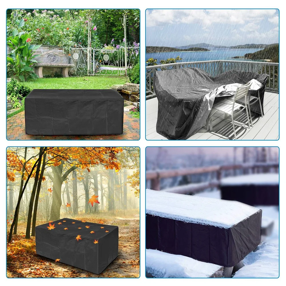 Patio furniture cover in black, displayed in four seasons: spring garden, rainy balcony, autumn leaves, and snowy terrace, showcasing its all-weather protection capability.