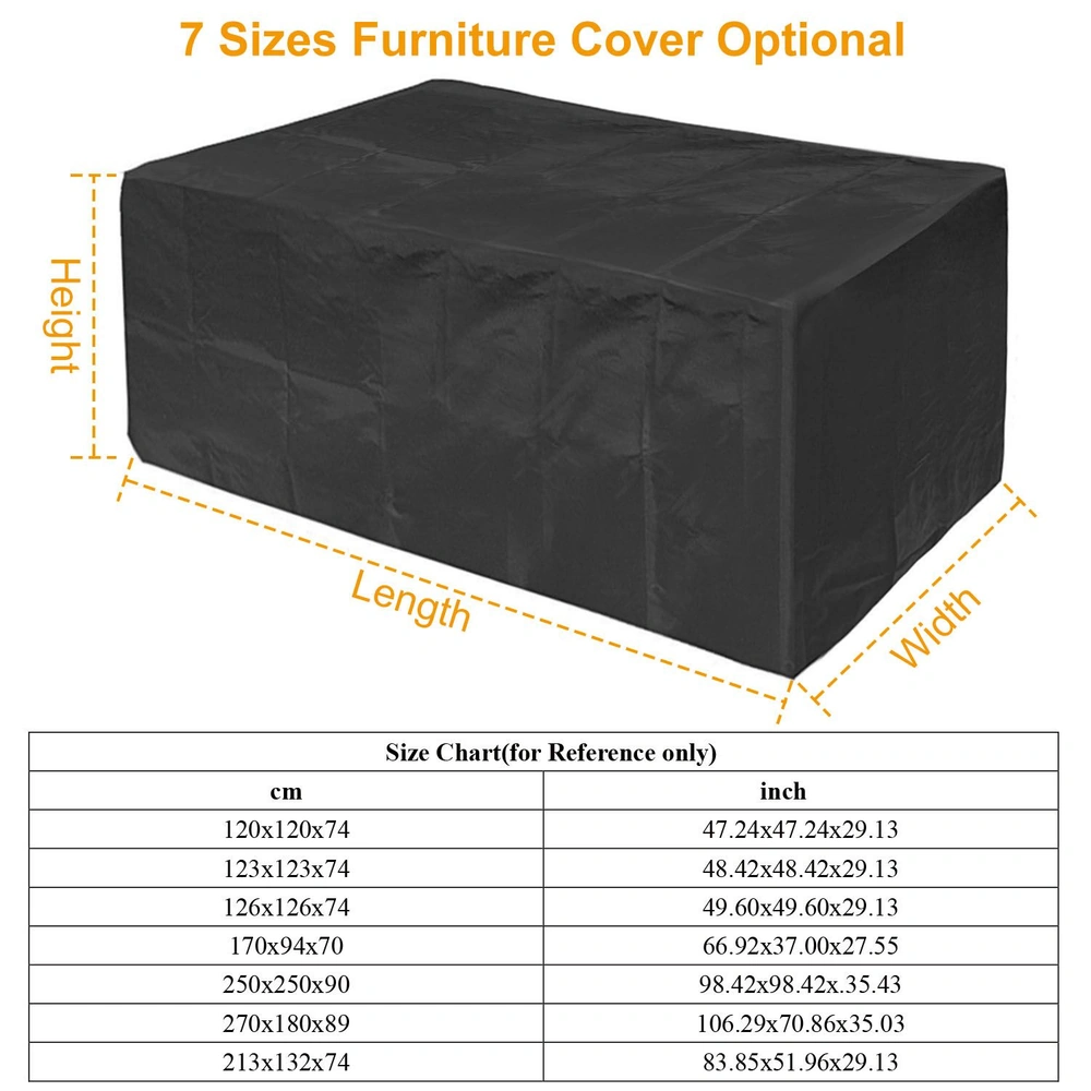 Black outdoor furniture cover available in seven sizes, with dimensions labeled for easy selection.