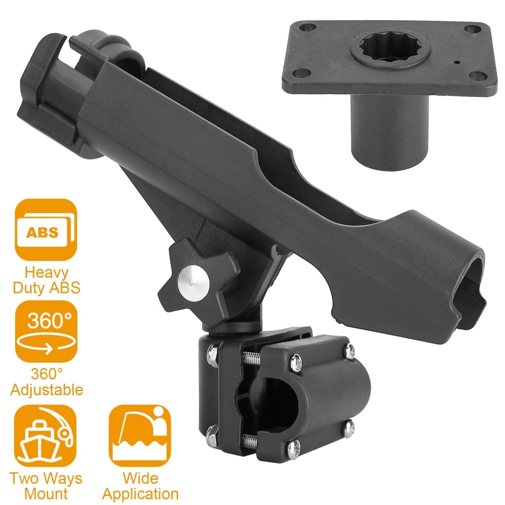Heavy-duty ABS adjustable mount with 360-degree rotation for various applications like fishing and boating, featuring a quick-release design and robust construction.