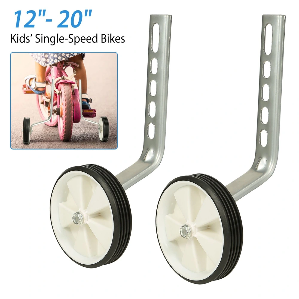 Training wheels for kids' bicycles, designed for 12"-20" single-speed bikes, featuring durable support brackets and sturdy wheels for improved stability and safety during learning to ride.