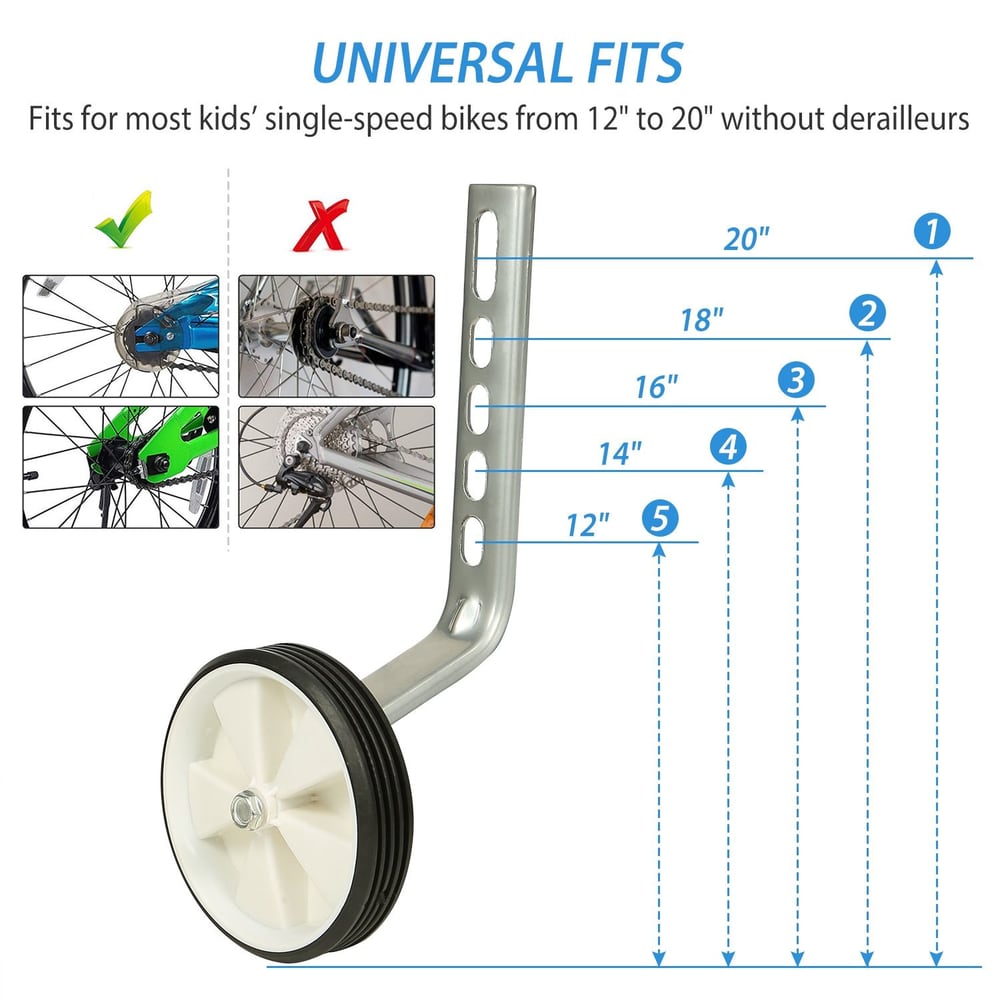Image showing a universal fit rear training wheel bracket for kids' single-speed bikes, accommodating sizes from 12" to 20", with diagrams illustrating compatible bike types and a height scale for adjustment.