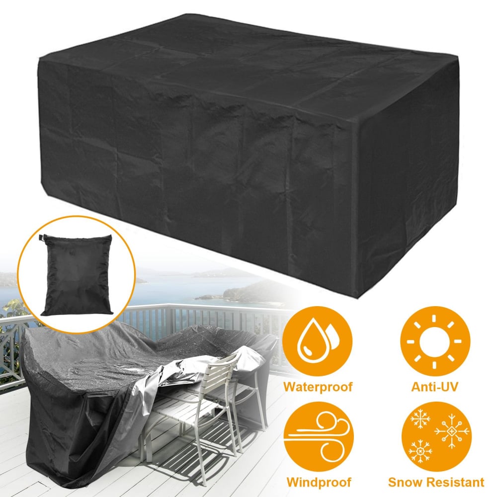 Black waterproof outdoor furniture cover with featured storage pouch and icons indicating windproof, anti-UV, and snow-resistant properties.