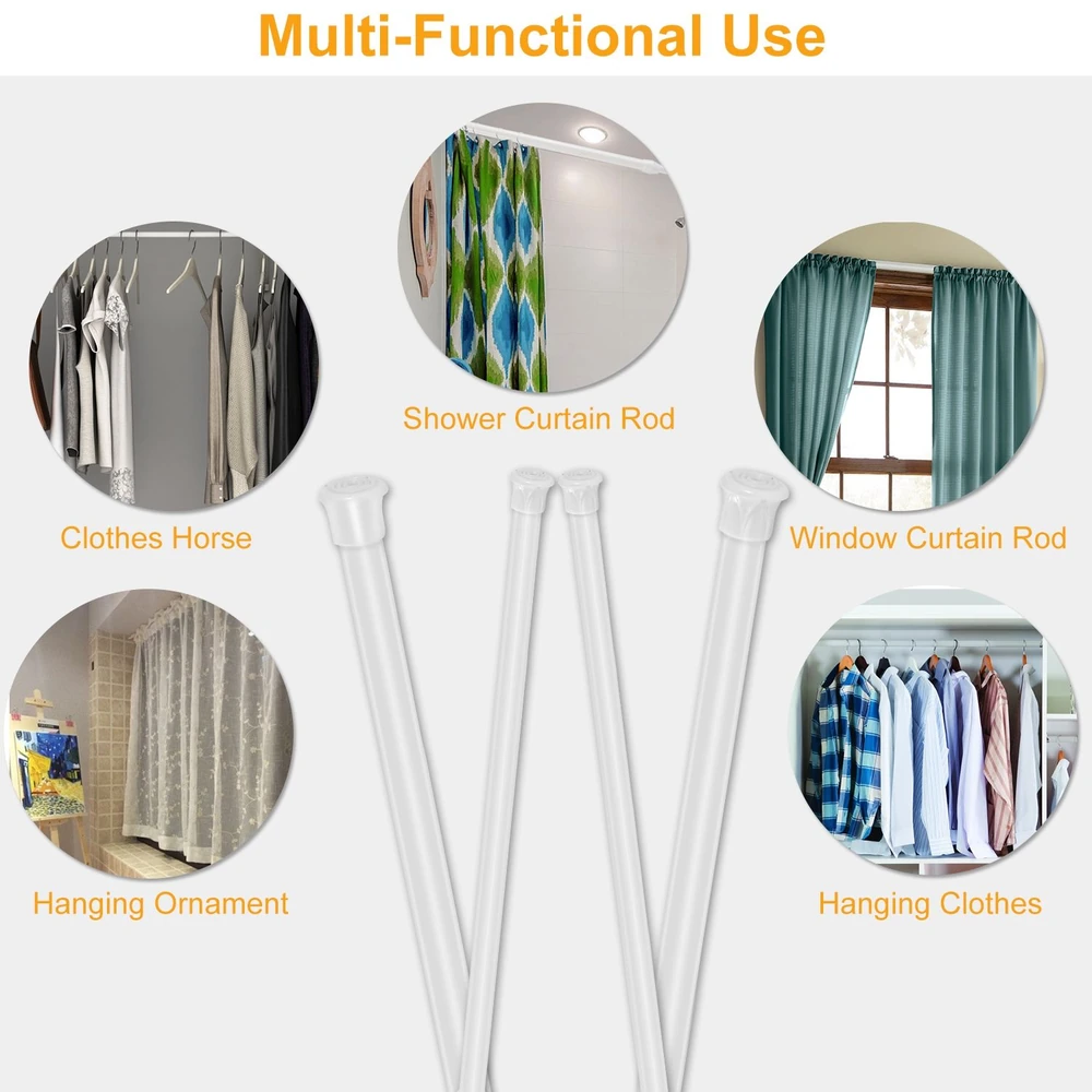 Multi-functional adjustable tension rods for hanging clothes, curtains, and other decorative items in various settings.