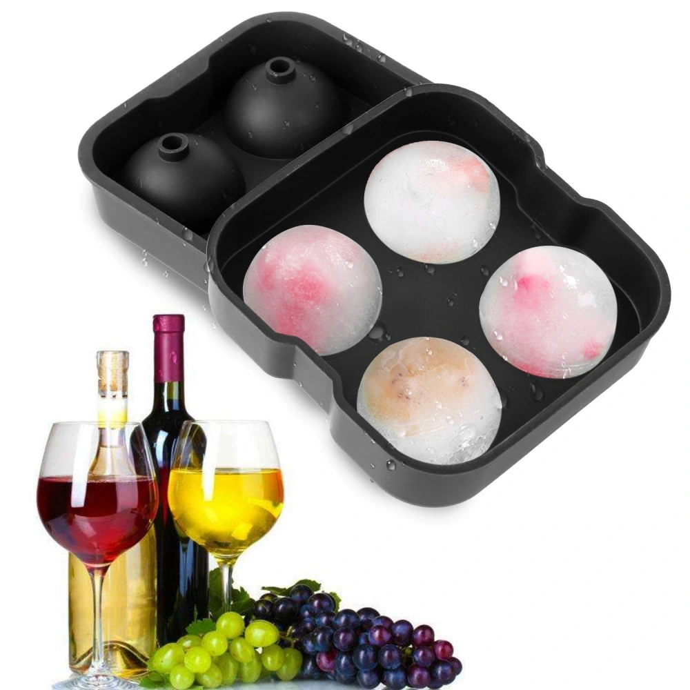 Silicone ice mold set featuring four round ice spheres and two half-sphere molds, with colorful ice balls, complemented by wine bottles and glasses of red and white wine, surrounded by grapes and green grapes.