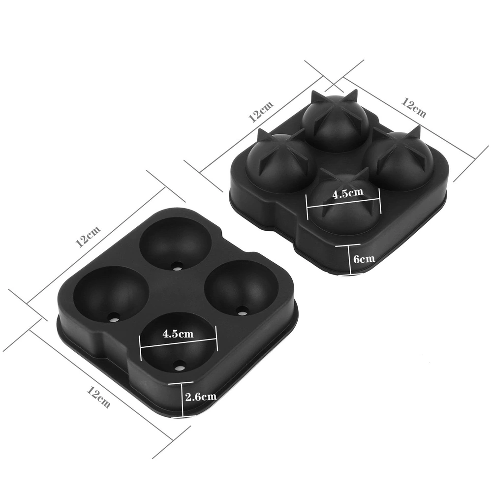 Silicone ice cube tray set featuring two trays: one with four round molds and another with four star-shaped molds, both in a sleek black color, measuring 12cm x 12cm.