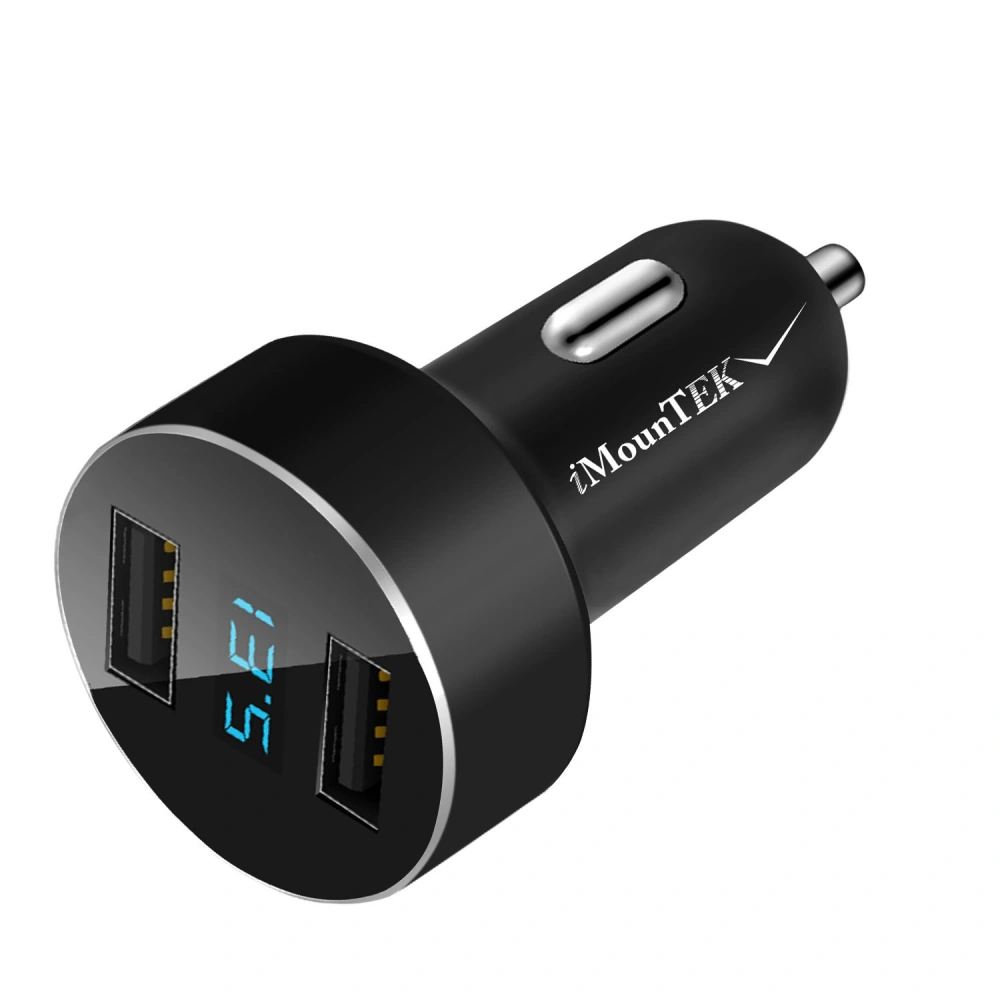 iMounTEK dual USB car charger with LED display, black, designed for fast charging on-the-go.