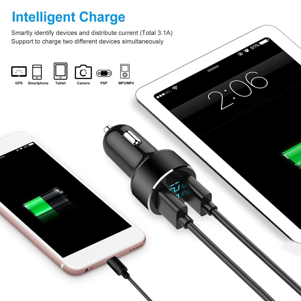 Dual USB car charger with intelligent charging technology, compatible with smartphones and tablets, charging two devices simultaneously at a total output of 3.1A.