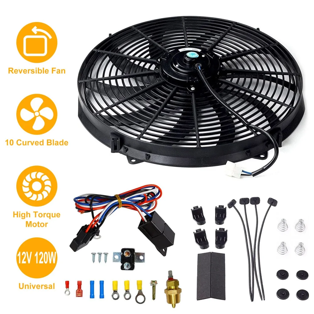 12V reversible electric cooling fan with 10 curved blades and high torque motor, complete with wiring harness and installation accessories for universal fit.
