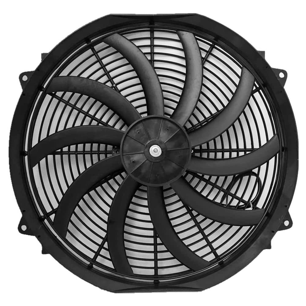 High-performance black automotive cooling fan with a multi-blade design for enhanced airflow and efficiency.