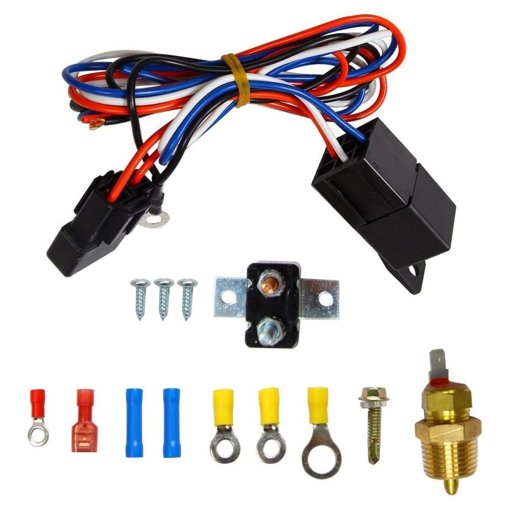 Automotive relay wiring kit featuring colorful wires, connectors, a relay switch, screws, and terminals, designed for easy installation and reliable electrical connections.