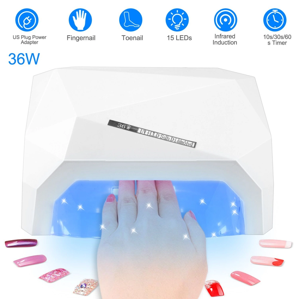 36W UV LED nail lamp for curing fingernail and toenail gels, featuring 15 LEDs and an infrared induction sensor, with adjustable timer settings of 10s, 30s, and 60s.