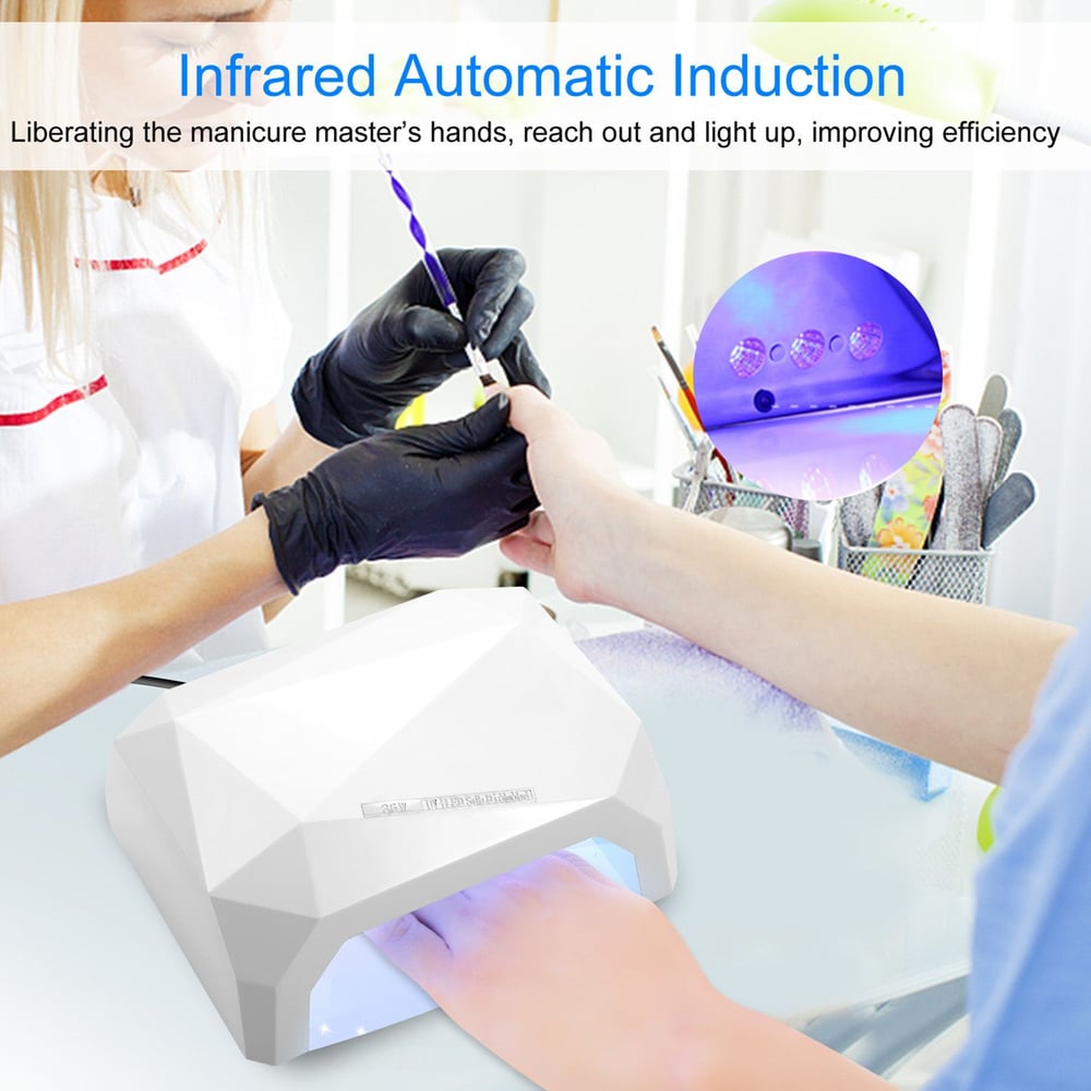 Infrared automatic nail dryer in use, enhancing manicure efficiency with its sleek design, while a technician applies gel polish on a client's hand.