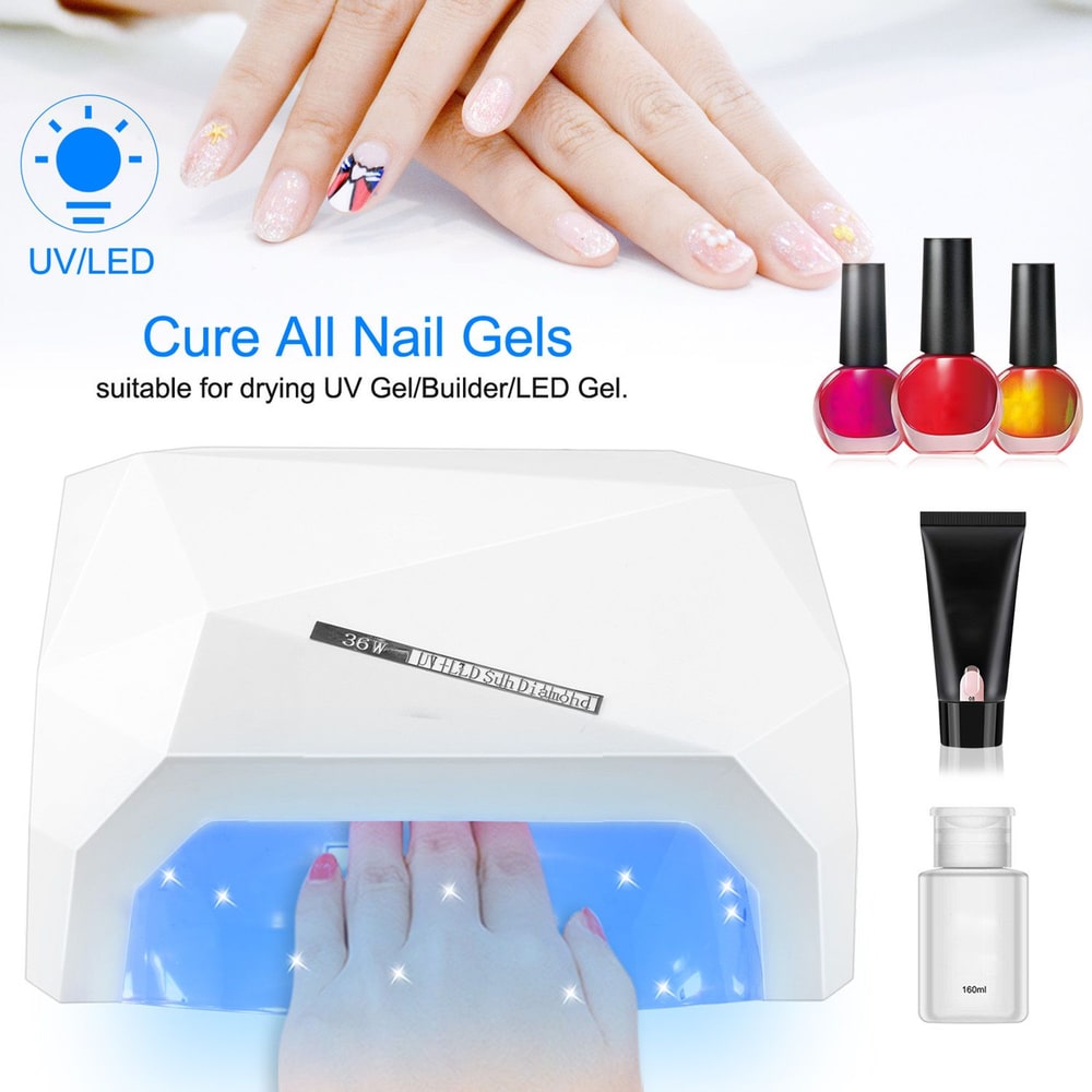 UV LED nail lamp curing gel nails with a hand inside, surrounded by vibrant nail polish bottles and nail care products, showcasing its multifunctional design.
